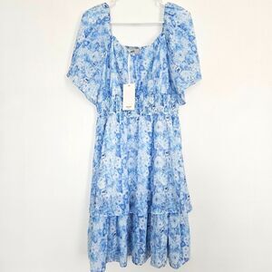 Grace Karin Blue White Floral Chiffon Midi Dress Womens Large